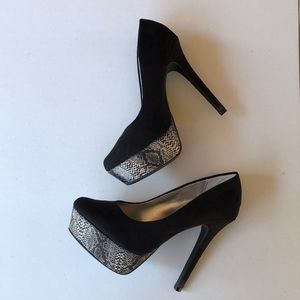 Black faux suede heels